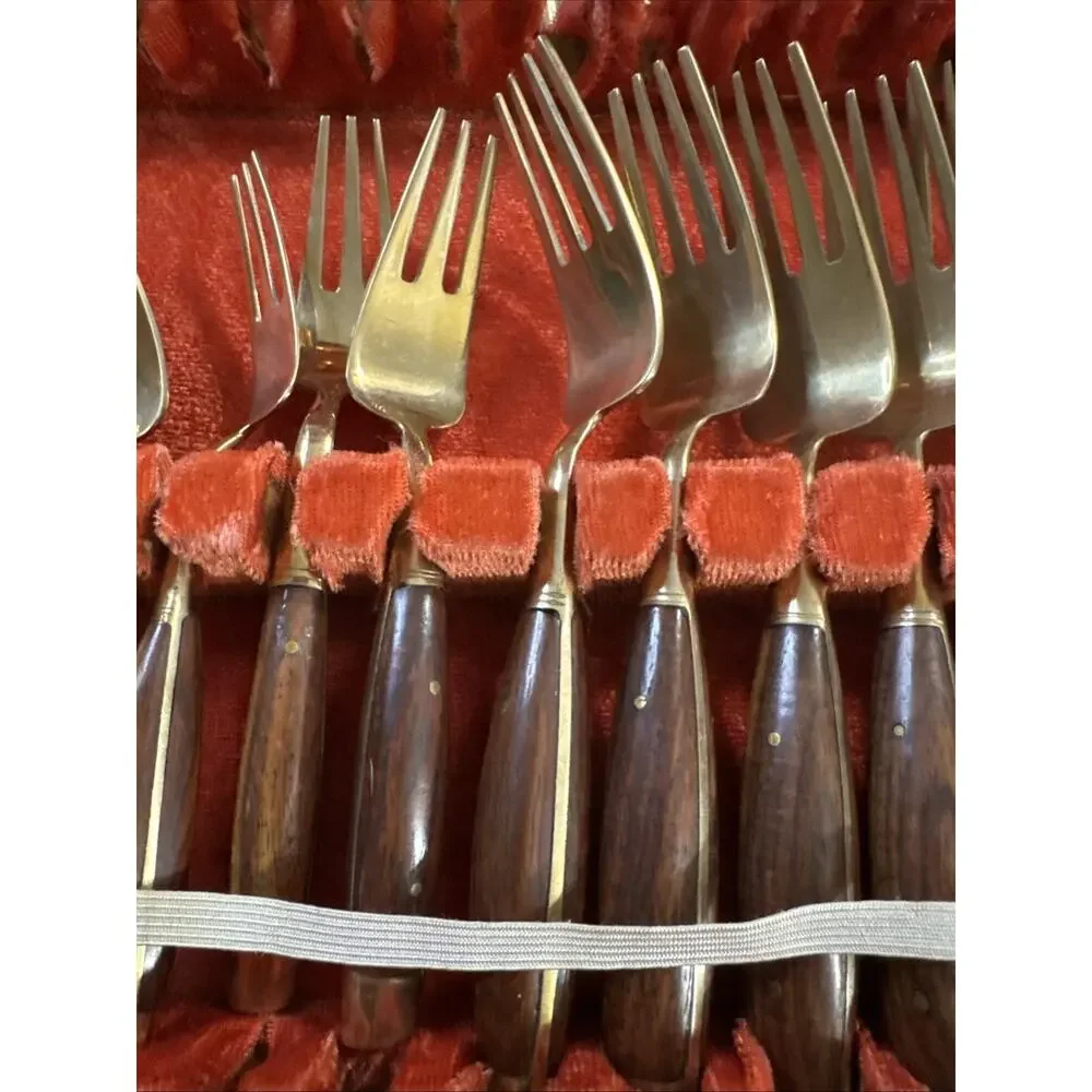 Vintage Thai Brass and Rosewood Flatware Set In Box - Svc for Twelve 142 PC READ